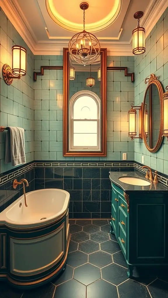 Art Deco style bathroom featuring turquoise tiles, gold accents, and stylish lighting.