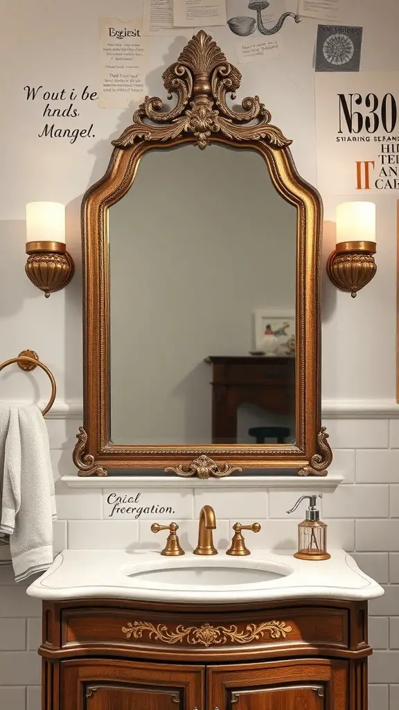 25+ Creative Bathroom Mirror Ideas to Elevate Your Space 14 An ornate antique mirror above a stylish sink in a bathroom setting.