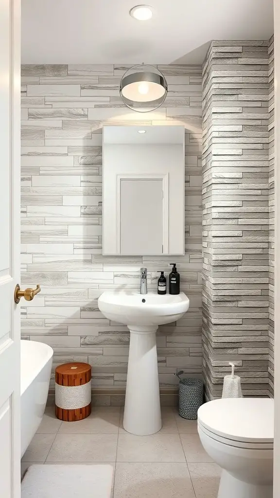 29+ Stunning Bathroom Interior Design Ideas for a Chic Retreat 15 A modern bathroom with textured walls featuring horizontal planks and stacked stone.