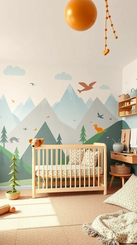A bright nursery with mountain-themed wall decor, a wooden crib, and playful stuffed animals.