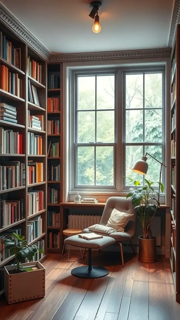 Cozy corner bookshelf with a chair and a plant