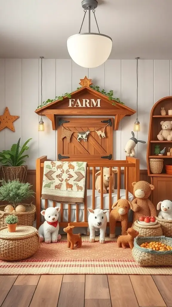 A cozy nursery with a farmyard theme, featuring plush animal toys, a wooden crib, and natural decor elements.