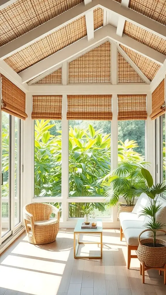 29+ Stunning Sunroom Curtain Ideas to Brighten Your Space 5 A sunroom with natural fiber shades, featuring a cozy seating area and lush greenery visible through the windows.