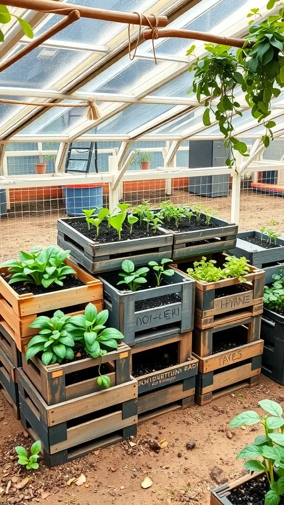 23+ Creative and Affordable DIY Greenhouse Ideas to Try 14 A wooden crate greenhouse filled with various plants, showcasing a creative gardening setup.