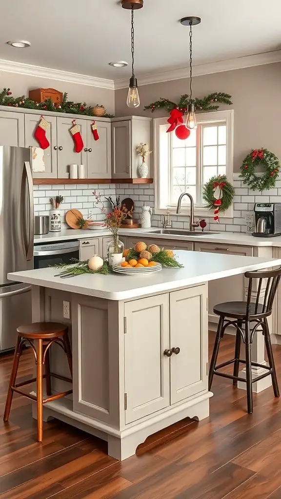 A small kitchen with an island, decorated for the holiday season with wreaths, stockings, and a festive centerpiece.