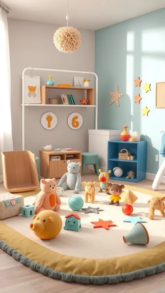 A colorful nursery play area with soft toys, a cozy rug, and cheerful decorations.
