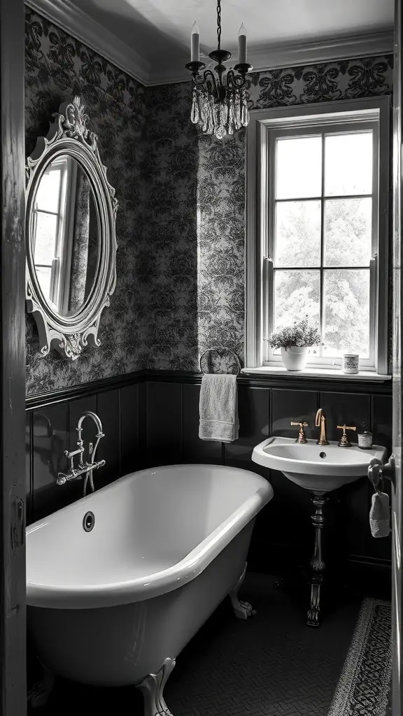 25+ Stunning Black and White Bathroom Ideas You’ll Love 16 A vintage-style black and white bathroom featuring a clawfoot tub, elegant mirror, and chandelier.