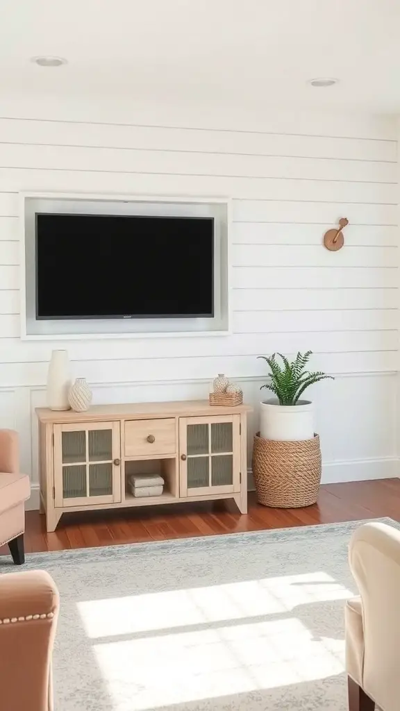 25+ Creative TV Wall Paneling Ideas for a Stylish Living Room 4 Living room with classic shiplap walls and a mounted TV