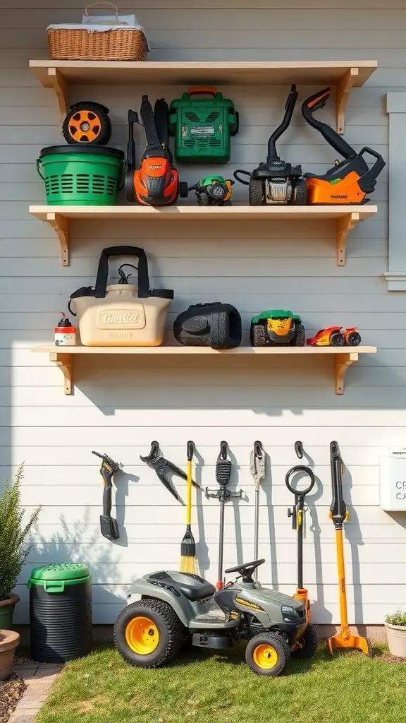 Organized lawn equipment storage with shelves and hooks