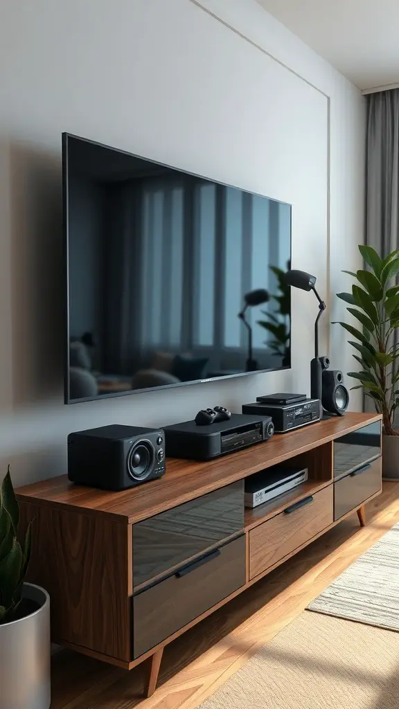 27+ Creative TV Stand Decor Ideas 12 Modern TV stand with speakers, gaming console, and plants