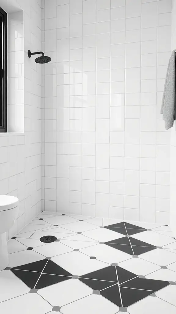 25+ Stunning Black and White Bathroom Ideas You’ll Love 3 A modern bathroom featuring black and white tiles with a geometric pattern on the floor and sleek white tiles on the walls.
