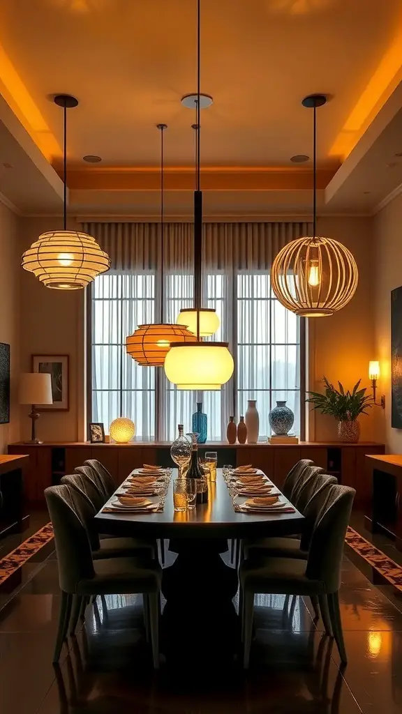 A stylish dining room with unique statement lighting fixtures hanging above a long table.