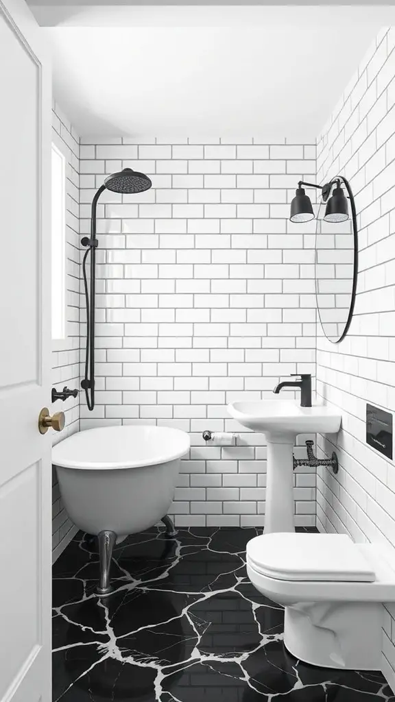 23+ Stunning Black and White Bathroom Ideas You'll Love 5 A stylish black and white bathroom featuring subway tiles, a black marble floor, and modern fixtures.