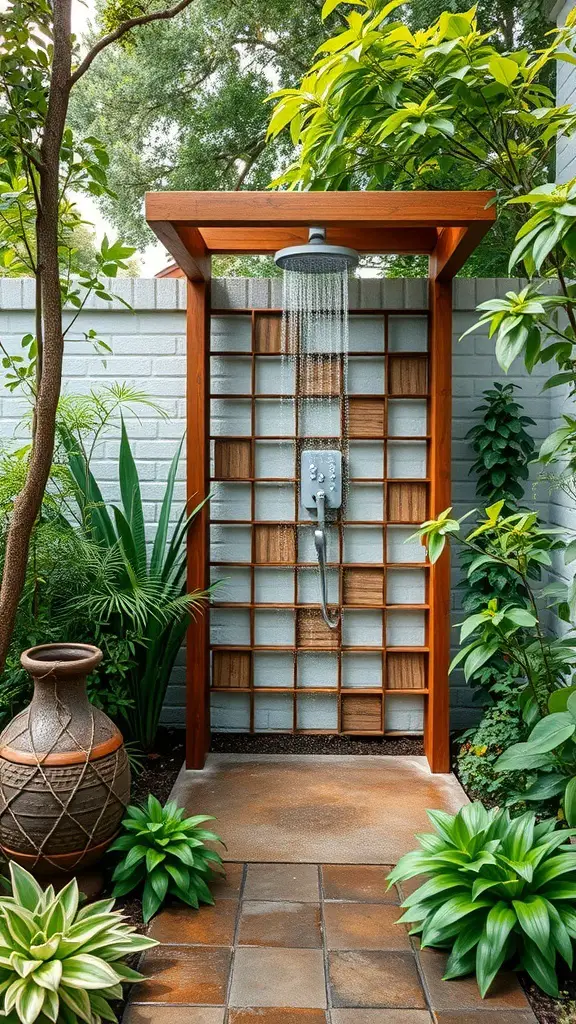 23+ Creative Garden Shower Ideas 9 An eco-friendly outdoor shower surrounded by plants and greenery.