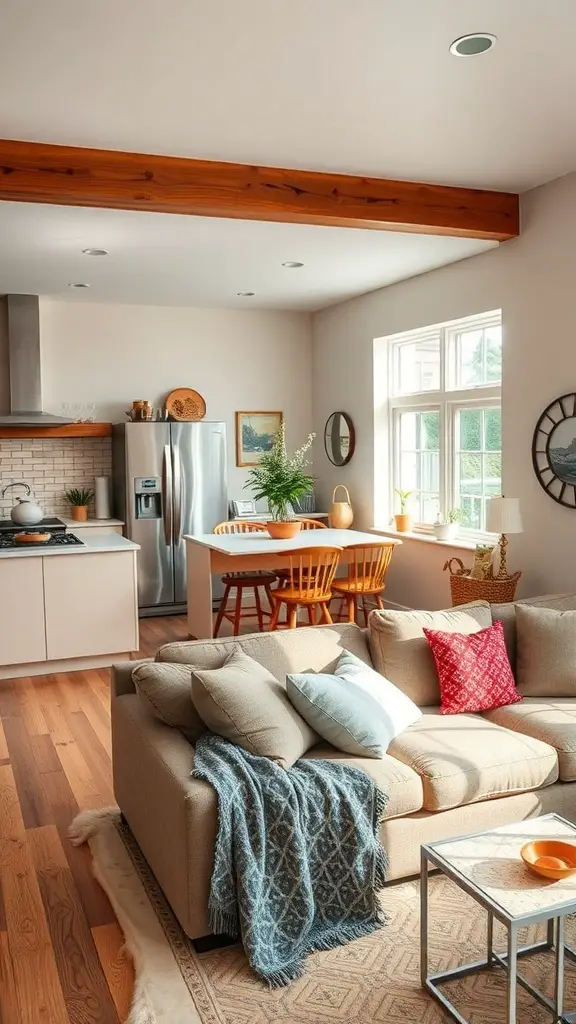 Open kitchen design with living room featuring cozy decor and personalized touches.