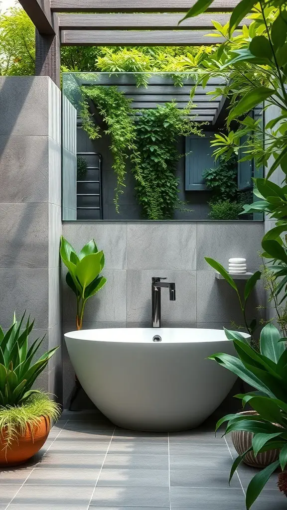 A modern semi-outdoor bathroom featuring a freestanding tub surrounded by lush greenery.