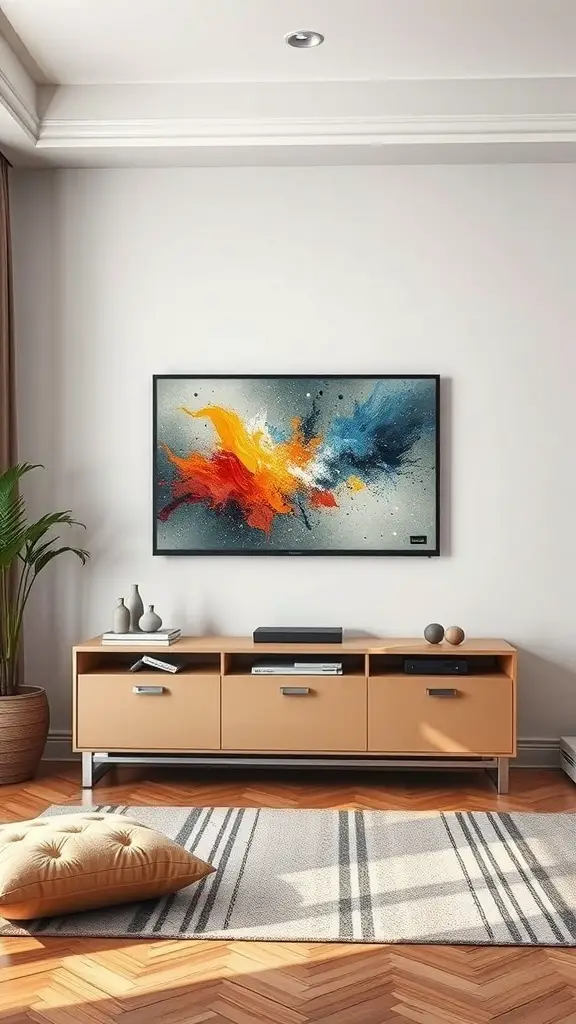 A modern living room featuring a colorful abstract painting above a TV stand.
