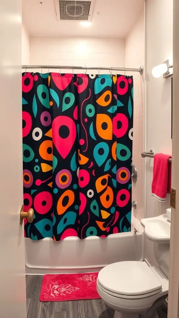A small bathroom featuring a colorful and funky shower curtain with abstract shapes.
