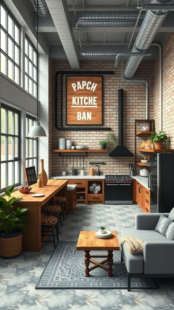 25+ Creative Minecraft Kitchen Designs You’ll Love 13 A sleek urban loft kitchen featuring exposed brick walls, large windows, wooden furniture, and modern appliances.