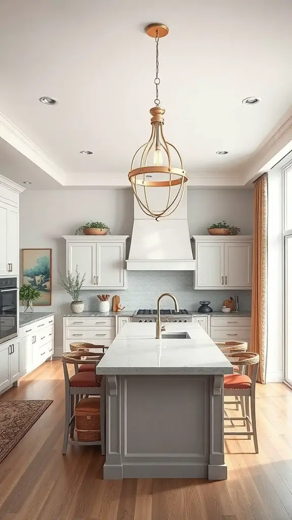 Stylish pendant lighting over a kitchen island in an open concept kitchen.