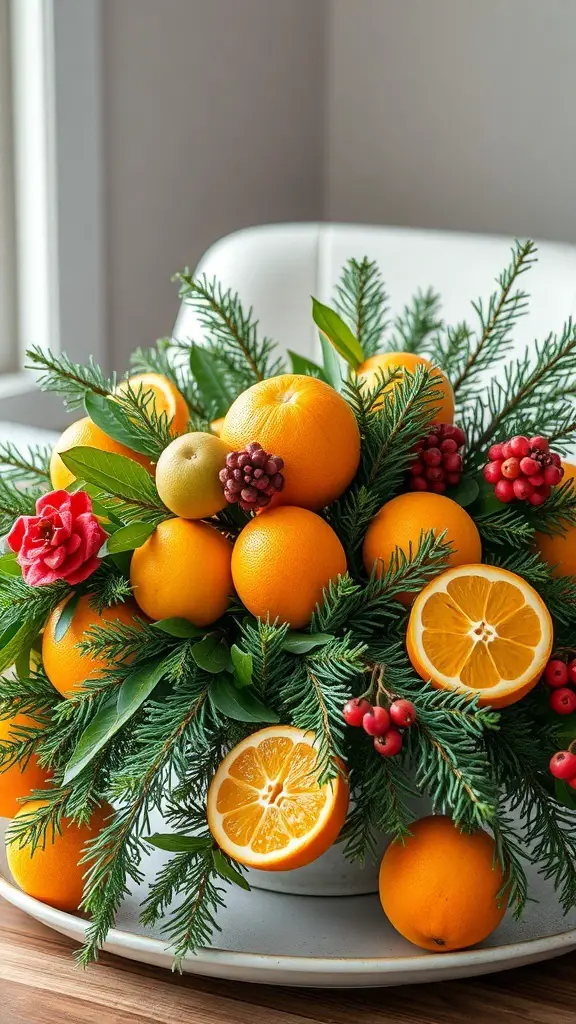 A vibrant centerpiece featuring oranges, lemons, evergreen branches, and red berries.