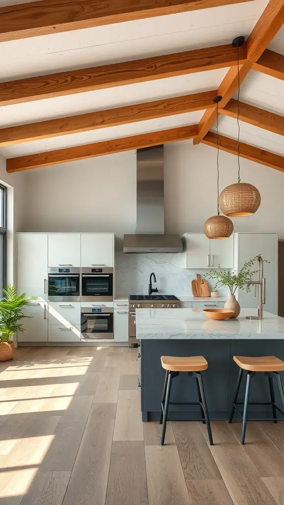29+ Stunning Double Oven Kitchen Layout Ideas 8 A modern open concept kitchen featuring double ovens, a large island, and wooden beams.