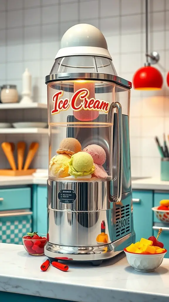 25 Unique Kitchen Gadgets You Didn't Know You Needed 13 A unique ice cream maker with colorful scoops of ice cream in a kitchen setting