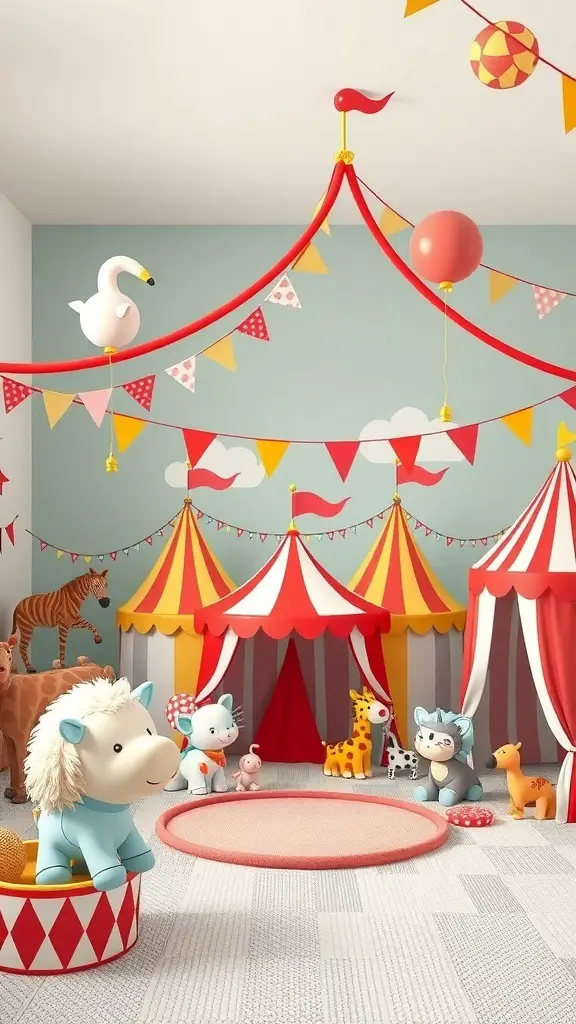 A colorful circus-themed nursery with tents, animal toys, and festive decorations.