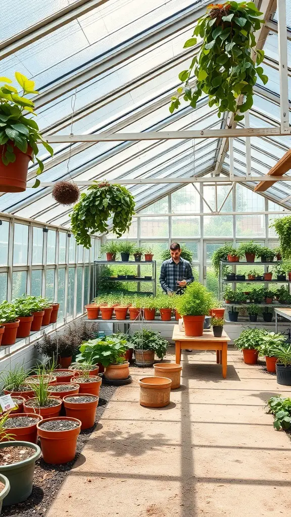A greenhouse interior with various potted plants and a person tending to them.