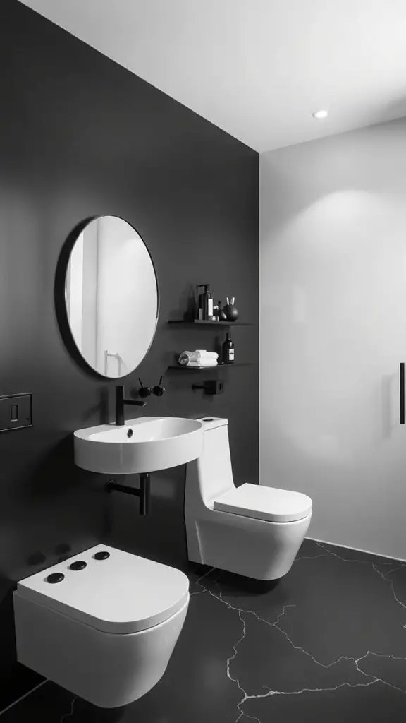 23+ Stunning Black and White Bathroom Ideas You'll Love 6 A sleek minimalist bathroom featuring black and white fixtures, a round sink, and a modern design.