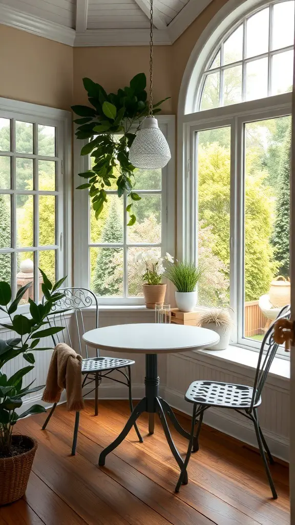 27+ Enclosed Sunroom Ideas to Brighten Your Home 5 A charming breakfast nook with a round table, stylish chairs, and large windows filled with greenery.