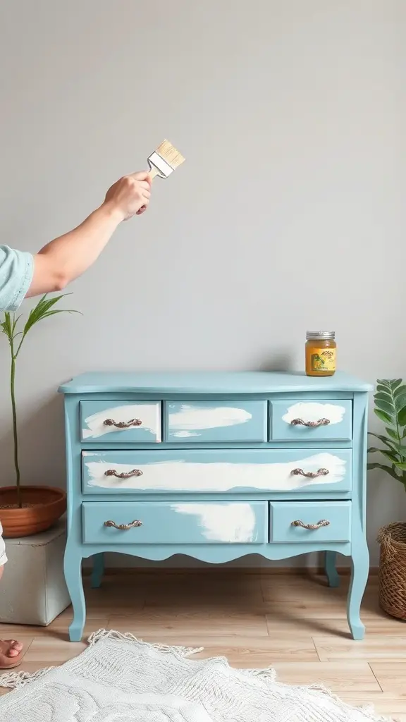 A person painting a light blue dresser with white strokes, showcasing DIY painting techniques.