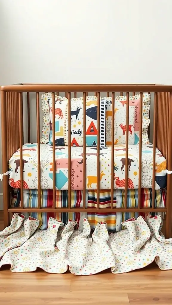 A crib with eclectic themed bedding featuring animal prints and geometric shapes.