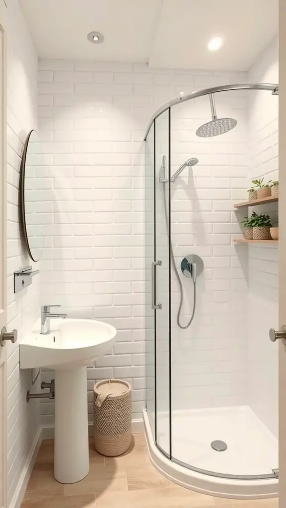 A compact and functional small bathroom featuring a glass shower, round mirror, and floating shelves.