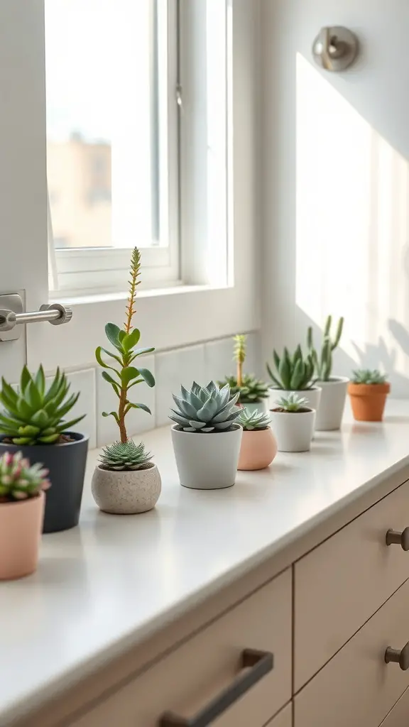 A collection of various succulents in pots displayed on a bathroom counter near a window.