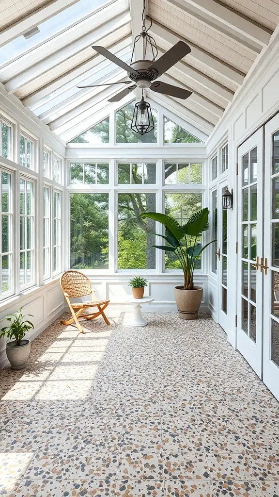 A sunroom with terrazzo flooring, large windows, and a cozy chair.