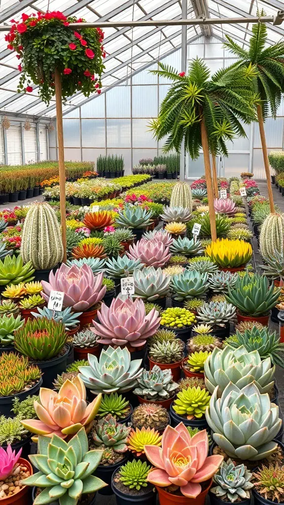 27+ Inspiring Inside Greenhouse Ideas 7 A greenhouse filled with a variety of succulents and cacti in colorful pots.