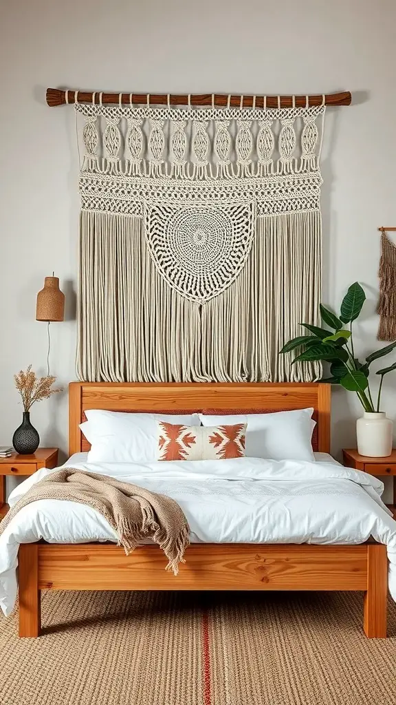 23+ Creative DIY Headboard Ideas to Transform Your Bedroom 16 A macrame wall hanging headboard above a wooden bed with white bedding and decorative pillows.