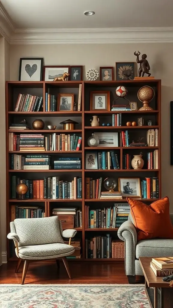 A corner bookshelf filled with books and collectibles, featuring decorative items and a cozy chair.
