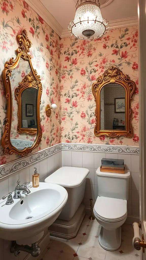 A vintage bathroom with floral wallpaper, ornate mirrors, and a chandelier.