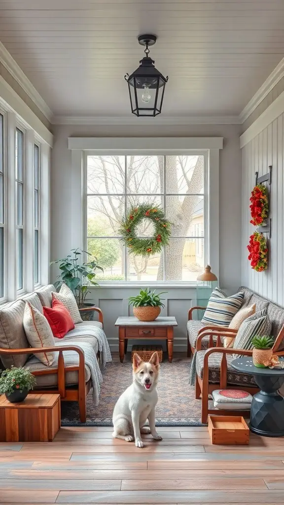 23+ Inspiring Three Season Porch Ideas to Transform Your Space 12 A cozy pet-friendly porch featuring a dog, comfortable seating, and plants.