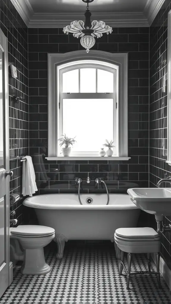 23+ Stunning Black and White Bathroom Ideas You'll Love 11 A vintage-inspired black and white bathroom featuring a clawfoot tub, modern sink, and patterned floor tiles.