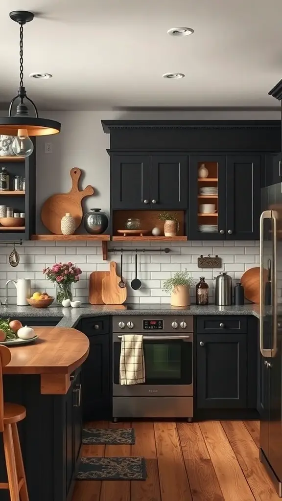 A rustic kitchen featuring black cabinets, wooden countertops, and decorative elements.