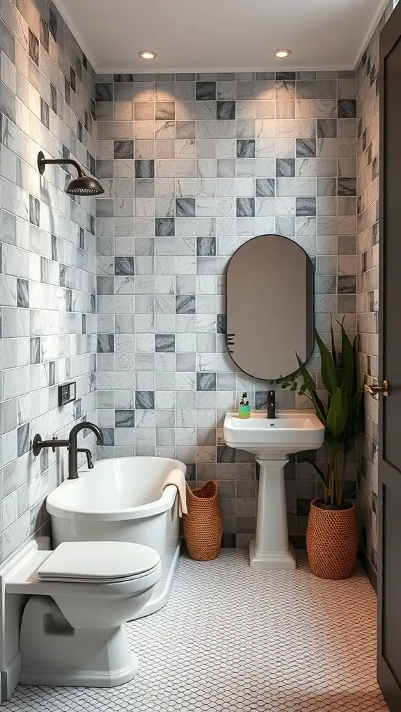 A modern small bathroom featuring gray and white tiles, a round mirror, a freestanding bathtub, and a plant.
