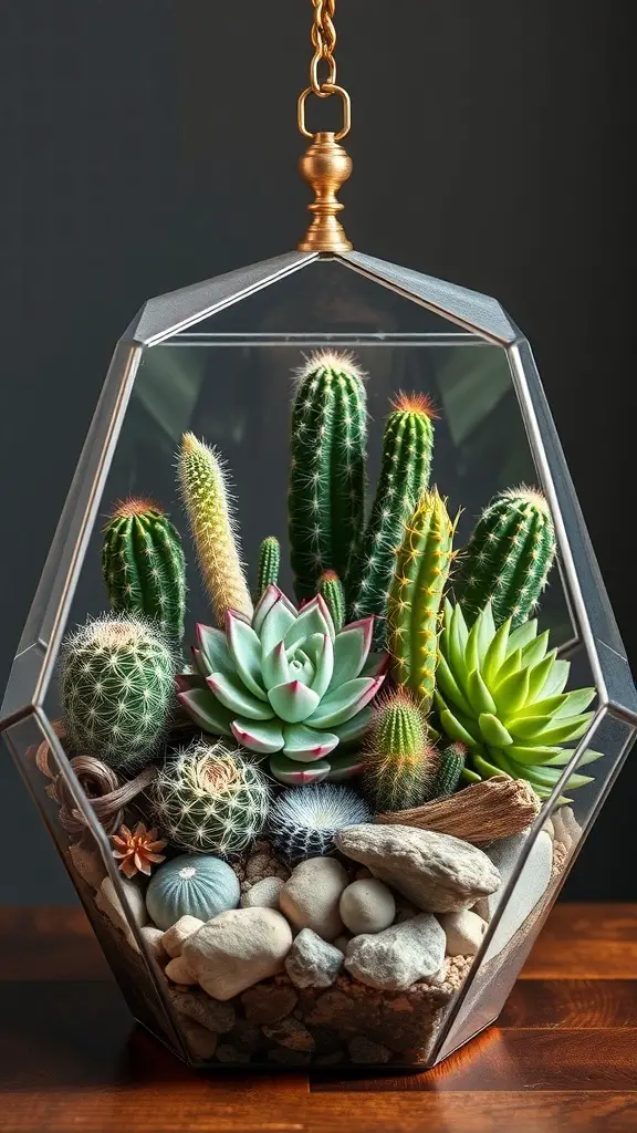 A stylish glass terrarium filled with various cacti and succulents, showcasing a blend of textures and colors.