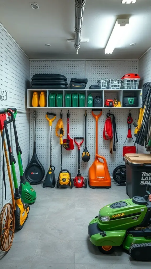 Organized lawn equipment storage area with tools and bins neatly arranged on shelves and pegboard.