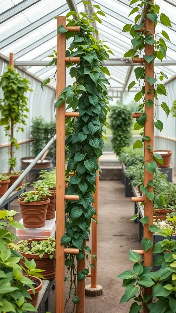 A greenhouse with wooden trellises supporting climbing plants.
