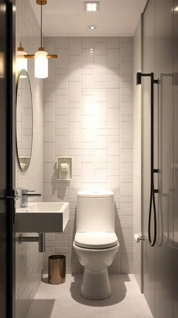 A small bathroom featuring stylish lighting with a pendant light and a round mirror.