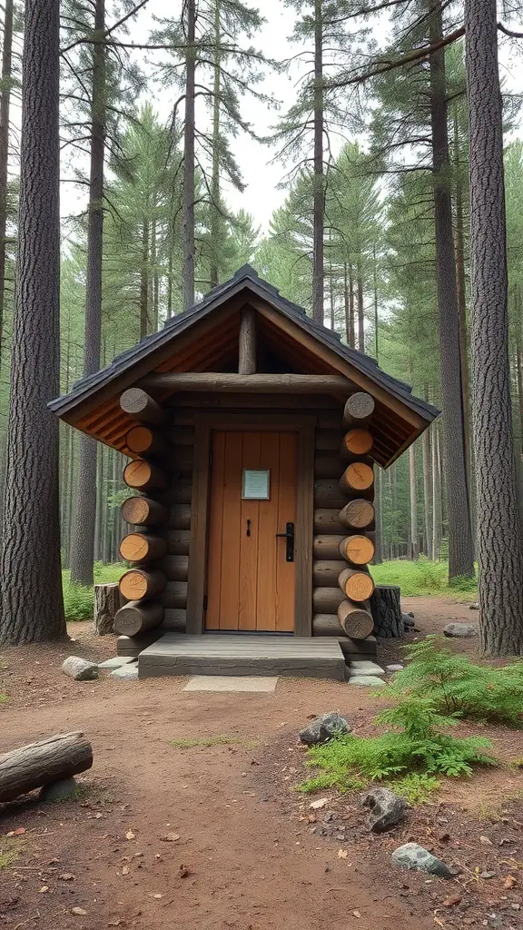 A rustic log cabin restroom surrounded by tall trees in a forest.