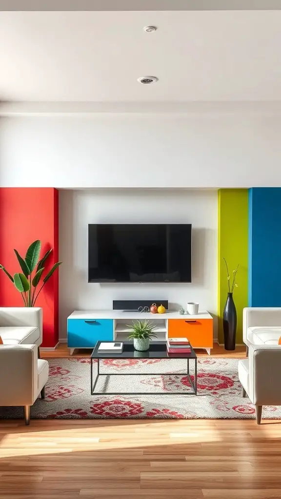 25+ Creative TV Wall Paneling Ideas for a Stylish Living Room 9 Living room with colorful accent panels around a TV, featuring red, green, and blue walls.